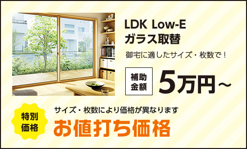 LDK Low-Eガラス取替 御宅に適したサイズ・枚数で！ 補助金額5万円～ 特別価格 サイズ・枚数により価格が異なります お値打ち価格